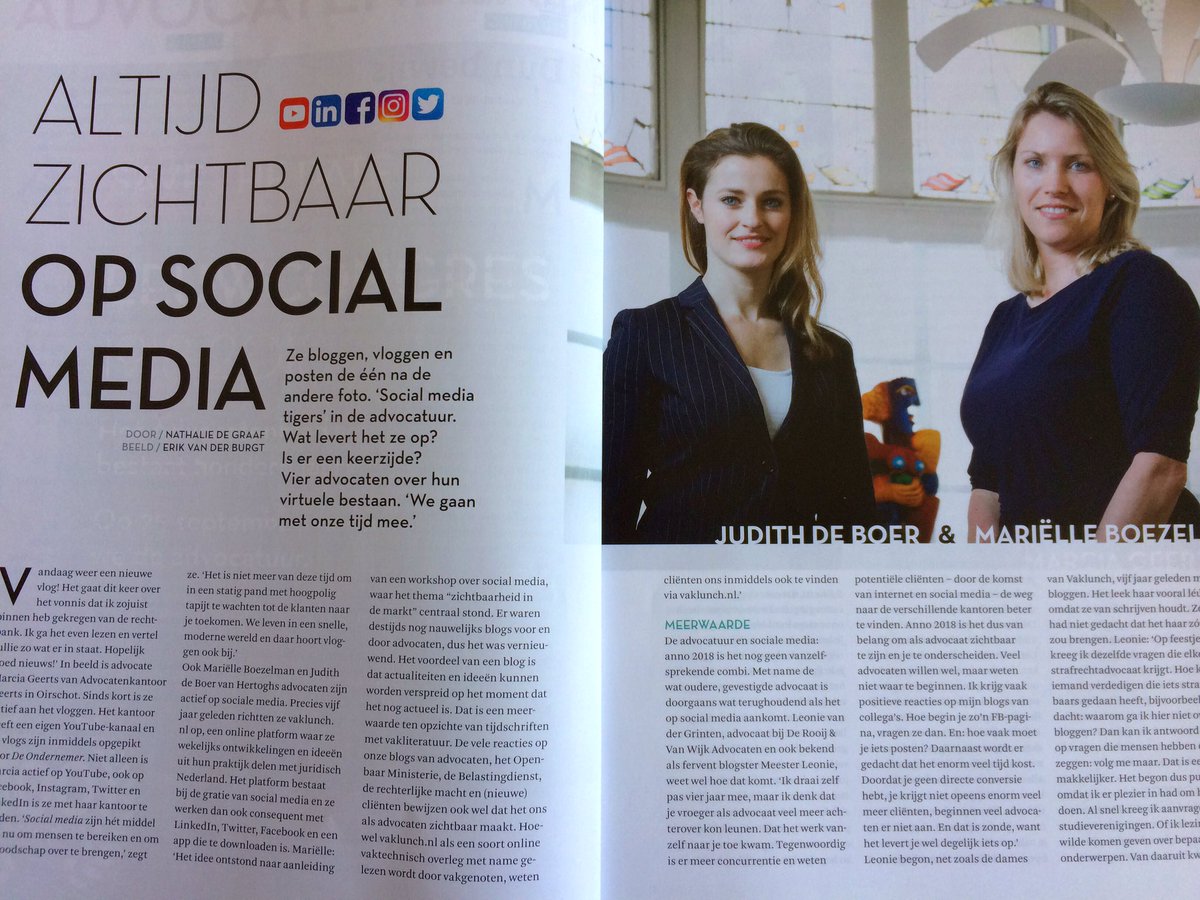 Advocaten &amp; Social Media: ik schreef er een stuk over in <a href="/Advocatenblad/">Advocatenblad</a>. Met <a href="/HertoghsNieuws/">Hertoghs advocaten</a> <a href="/GeertsAdvocaten/">GeertsAdvocaten</a> <a href="/meesterleonie/">Leonie van der Grinten</a> #advocatuur