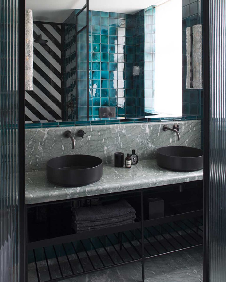 P A T T E R N &amp; T E X T U R E | Studio Ko's playful yet luxurious bathroom featuring our London Crosshead basin taps, shower and flushplate in Pewter. 📷Jean Francois Jaussaud