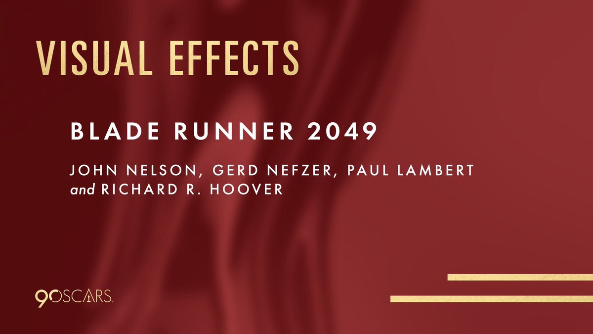 BladeRunnerNet's tweet photo. Congratulations to the entire Visual Effects Team! #BladeRunner2049 @bladerunner #AcademyAwards2018 https://t.co/XWfJ3M6jEW