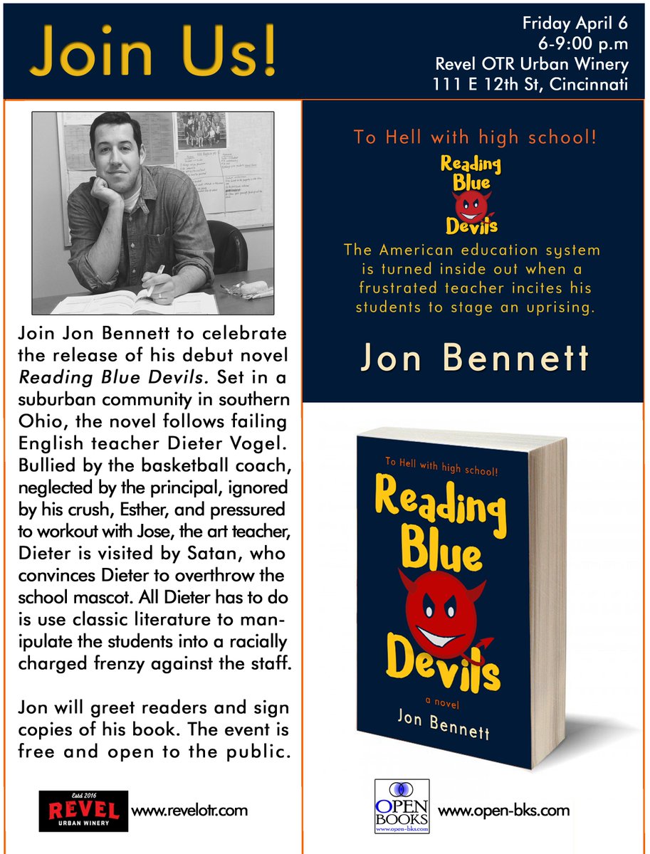 OpenBooksTitles's tweet photo. Join .@jbennett830 to celebrate the release of his debut novel #ReadingBlueDevils at .@RevelOTR in #Cincinnati on Friday, April 6, 6-9:00 p.m. Jon will greet readers and sign copies of his book. The event is free and open to the public. #books https://t.co/uOPcrbh3El https://t.co/pzOr2ZtdxW