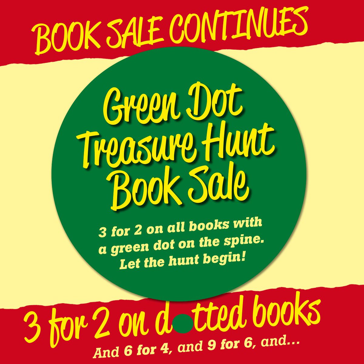 bookshop_se's tweet photo. BOOK SALE CONTINUES with a GREEN DOT TREASURE HUNT!
3 for 2 on selected books in the shops (all with a green dot on their spines). Find 3 books with green dots, pay for 2. Let the dot hunt begin!
#booksale #greendottreasurehunt #findthedots #3for2
#uppsala #stockholm https://t.co/UTJslhkMpV