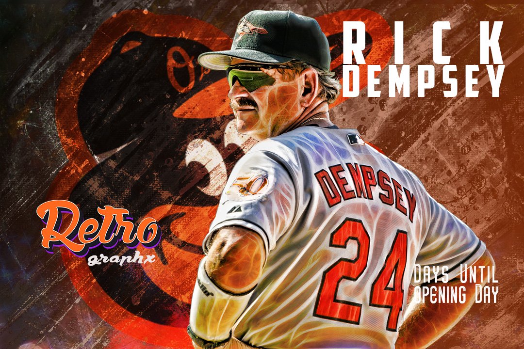 RetroGraphx's tweet photo. It's #RickDempsy days until @Orioles #OpeningDay
#MLB #Baseball #ALEast #AmericanLeague #Catcher #Rightie #Fayetteville #Tennessee #WorldSeriesMVP #HOF #Cooperstown #Demper #Sports #Sport #Edit #RainDance #Underwear #Twins #Yankees #Indians #Dodgers #Brewers #BrewPub https://t.co/mXpinkOevT