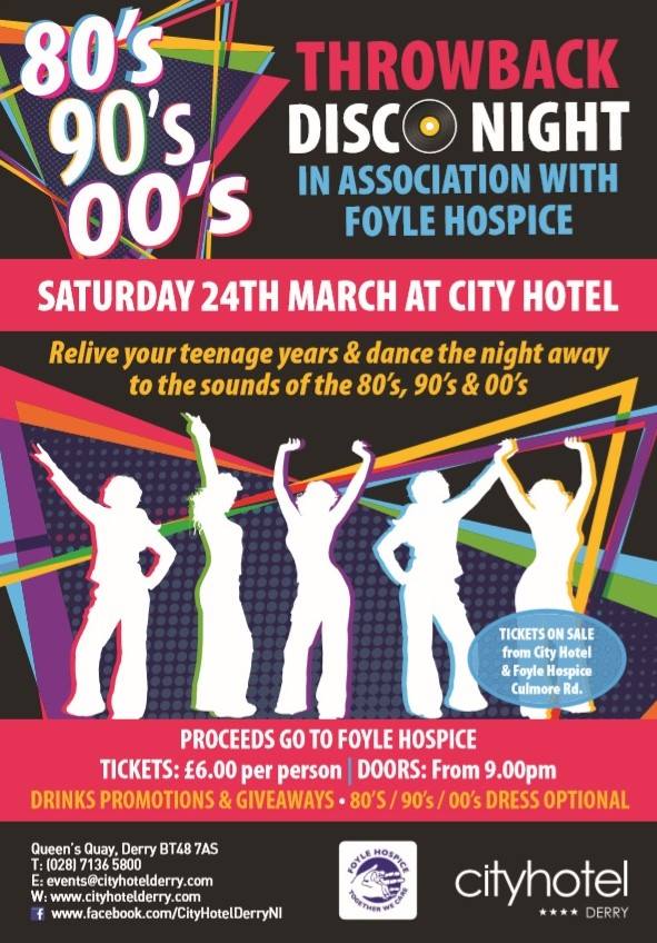 Foyle Hospice (@foylehospice) on Twitter photo Relive your teenage years and dance the night away to the sounds of the 80s, 90s and 00s at the <a href="/CityHotelNI/">City Hotel Derry</a> on Saturday 24th March. Tickets, £6 on sale now!! 🤩🤩 Relive your teenage years and dance the night away to the sounds of the 80s, 90s and 00s at the <a href="/CityHotelNI/">City Hotel Derry</a> on Saturday 24th March. Tickets, £6 on sale now!! 🤩🤩