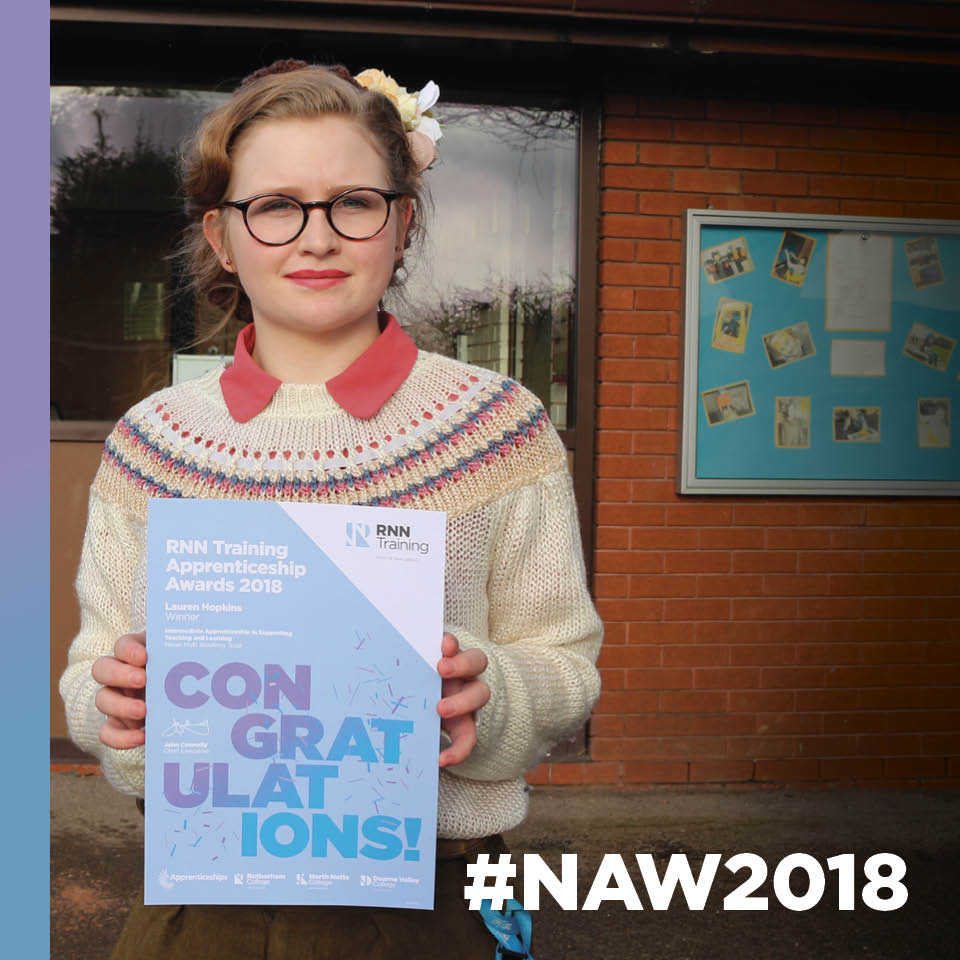 RNN_Training's tweet photo. The first winner of our 2018 Apprenticeship Awards is Lauren Hopkins, Supporting Teaching &amp; Learning apprentice at Kelford School! Read Lauren's story here: https://t.co/YZWr9SW0O2. We will announce a winner every day this week, so keep an eye our tweets for more stories.#naw2018 https://t.co/BNG4gwjVOb