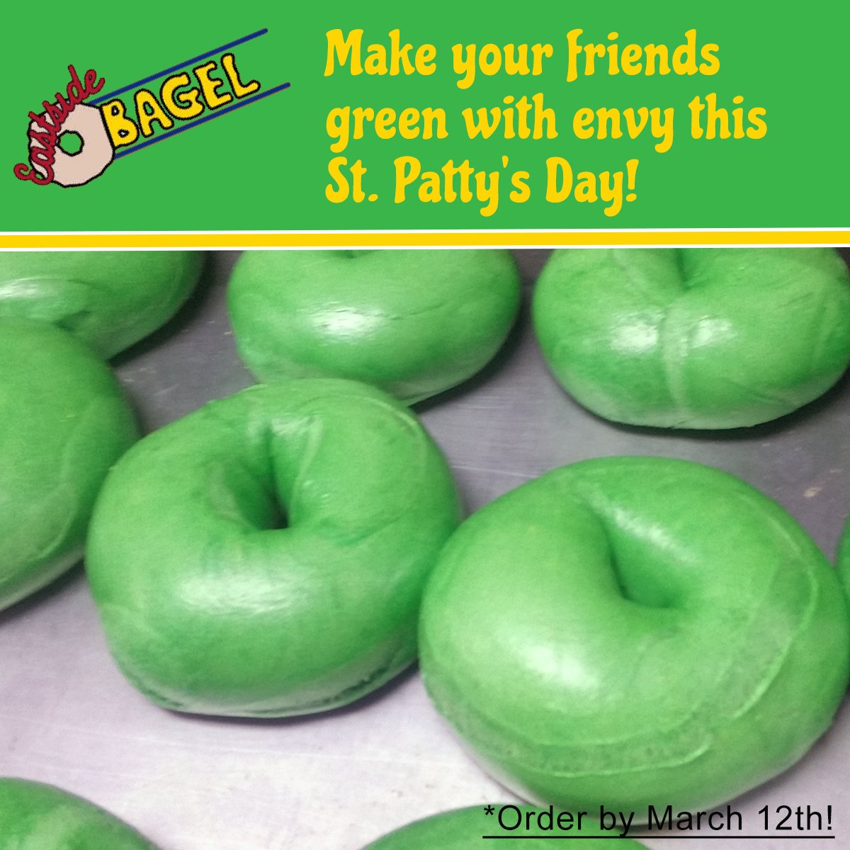 Get in the spirit of #StPatricksDay with some #greenbagels!
Hurry - orders must be placed by March 12th and will be ready for pick-up March 16th - 17th!
Call us at 586-775-8820 today!

#bagels #StPattysDay #breakfast #detroit #stclairshores