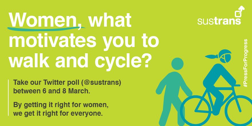 We invite all women to take part in our active travel and gender Twitter poll, from Tuesday 6 March – Thursday 8 March #IWD #PressForProgress