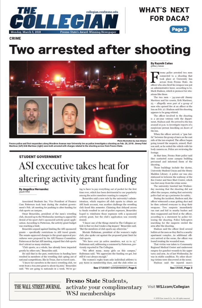 TheCollegian's tweet photo. FRONT PAGE 3.5.18 Fresno PD arrested two men connected to last week’s shooting across campus. Is campus getting a Nelson Mandela statue? Women’s basketball loses last home game in OT & more.
Pick up your 📰 today! #ItsOurPaper https://t.co/ktkoa5wuFN