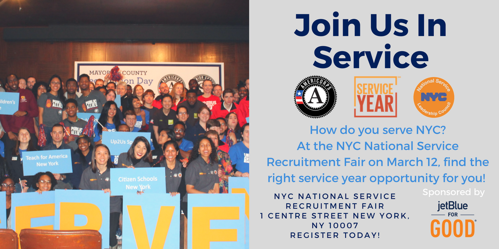 ServiceYear's tweet photo. Next week we're celebrating #AmeriCorpsWeek2018 with the first-ever #ServiceYear Recruitment Fair in #NewYorkCity! #JoinUsinService on March 12 from 3-5PM to learn how you can serve NYC. Sign up to attend: https://t.co/6j9vgT9EXl https://t.co/wfBou4EEAZ