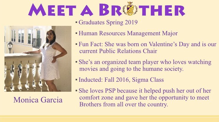 psputsa's tweet photo. Monica is a Human Resources Management major. She is in the Sigma Class, and was inducted in Fall 2016. She loves PSP because it pushed her out of her comfort zone and gave her the opportunity to meet Brothers from all over the country! #meetabrothermonday #brothersarewe #psputsa https://t.co/Z1oMIyCYkb