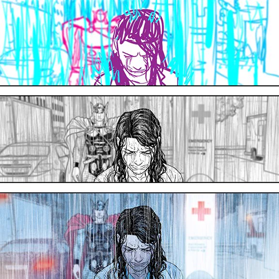 Here are some process shots for the rain flashback in #704, one of my favorite scenes from the series (art by @COLORnMATT and me). Head over to Instagram for the full set! https://t.co/j3S3CH3rHk 