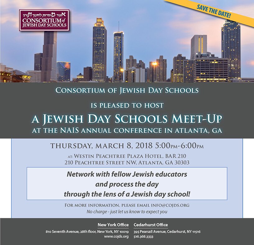 Going to the NAIS conference in Atlanta? Join us at the #JewishDaySchools meet-up this Thursday at 5pm! <a href="/PrizmahCJDS/">Prizmah-CJDS</a> <a href="/DrEliShapiro/">Eli Shapiro</a>