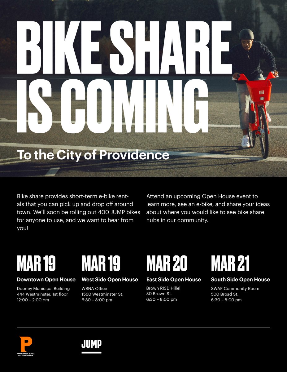 #bikeshare is coming to #PVD! We’ll soon be rolling out 400 <a href="/jumpbikes/">jumpbikes</a> for anyone to use &amp; we want to hear from you! Attend an upcoming Open House to learn more, see an e-bike, &amp; share your ideas about where you would like to see bike share hubs in our community.