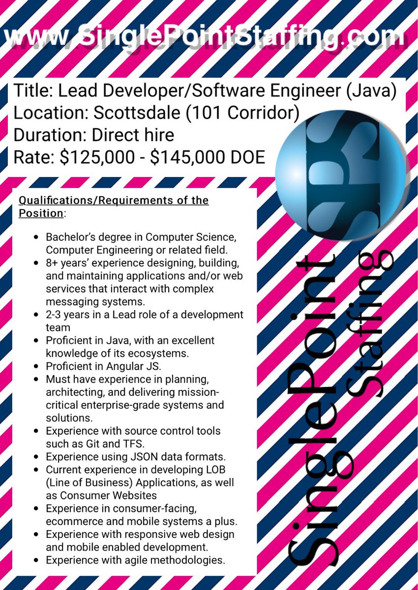 TheSinglePoint's tweet photo. Check out this Lead Java Developer #job. #Hiring in #Arizona. #Tech #gig requires #AngularJS, #JSP, #MVC &amp; #JSON skills. #Apply here:  https://t.co/UzlslfNXPk https://t.co/PmShOOfT2l