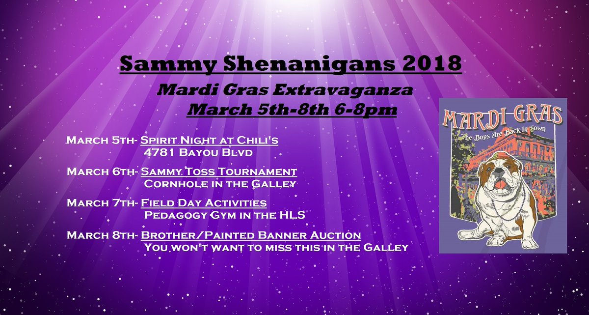Sammy Shenanigans kicks off this week with a spirit night at Chili's on Bayou from 6-8! Make sure to come out to all of our events throughout the week! And if you want to buy a shirt, just go to the link below!

vault.omegafi.com/vault/public/c…!