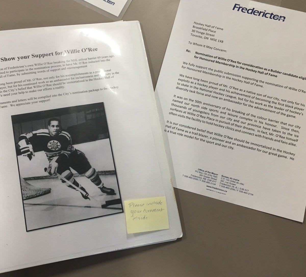 Willie O’Ree <a href="/HockeyHallFame/">Hockey Hall of Fame</a> nomination letter now available for signatures in binder at Fredericton City Hall <a href="/willieoree22/">Friends of Willie O'Ree</a> <a href="/Global_NB/">Global New Brunswick</a>