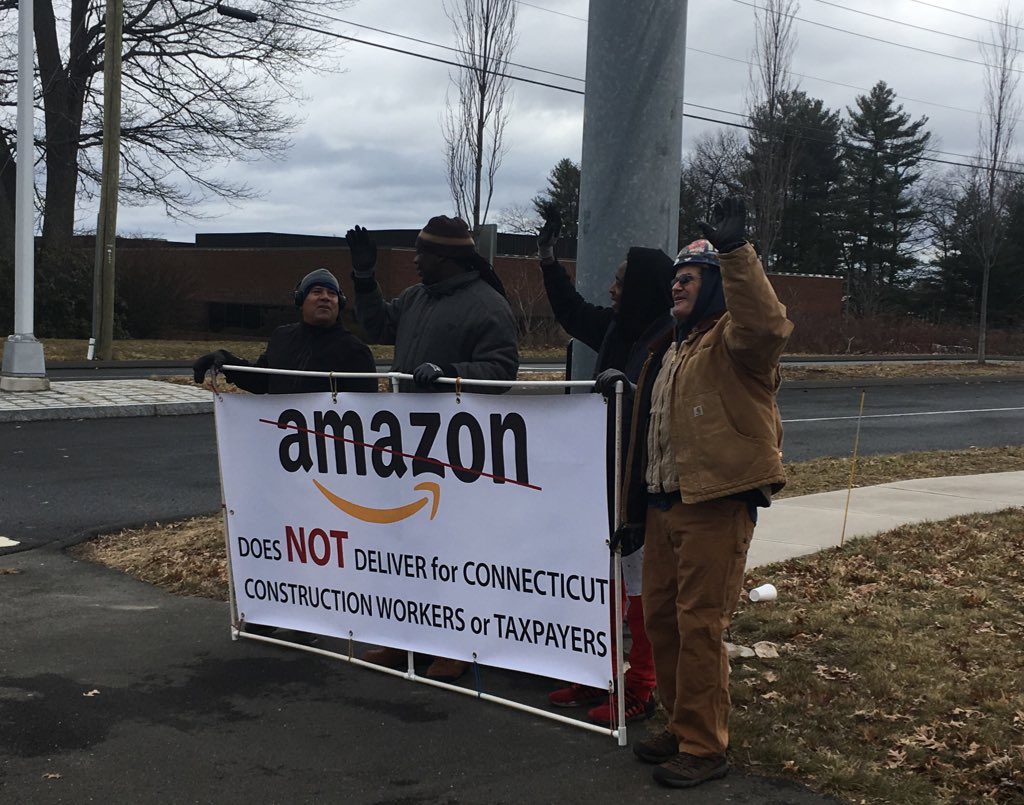 Why are out of state contractors building an #Amazon facility in #NorthHaven w/ $15m of taxpayer money and corporate welfare from <a href="/CTDECD/">Connecticut - Make It Here</a> ? <a href="/AmazonHelp/">Amazon Help</a> plz respond we’re quite curious