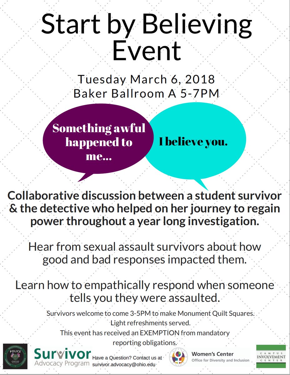 Don’t forget our Start by Believing event with <a href="/oupolice/">OhioUniversityPolice</a> is tomorrow from 5-7 pm. We hope to see you there to support our survivor speakers &amp; learn the importance of the start by believing approach! 

(P.s. there will be food!)