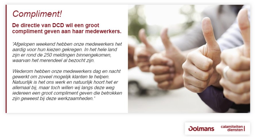 DolmansCD's tweet photo. Afgelopen weekend hebben onze medewerkers het behoorlijk voor hun kiezen gekregen. In het hele land zijn er 250 meldingen binnengekomen. Namens de directie van DCD een groot compliment voor iedereen die hierbij betrokken is geweest! #gegarandeerdgoedgevoel https://t.co/pWtND7FzJL