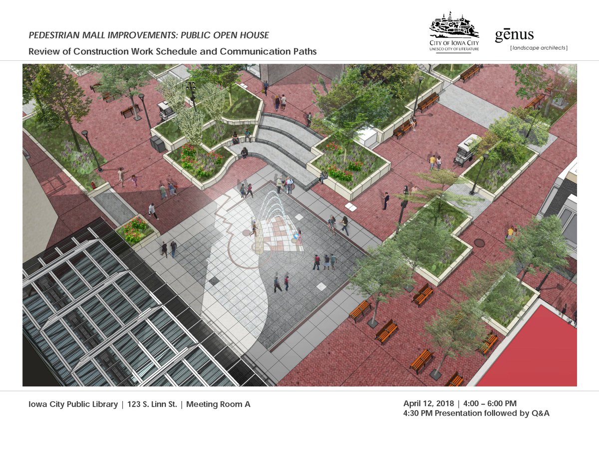 CityOfIowaCity's tweet photo. Save the date! The final open house for the #PedProject is in April. Stop by to ask questions and learn more about the improvements coming to the #IowaCity #PedMall.🛠️ https://t.co/LASh2OKduu
🗓️: Thursday, April 12, 2018
⌚: 4 to 6 p.m.
📍: @ICPL https://t.co/8B0pSS8I4a