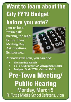 SBCityVT's tweet photo. Want to know more about the budget and ballot items? Pre-Town Meeting tonight. 7 pm. FH Tuttle Middle School.  https://t.co/9sTc7xO7av for more info. https://t.co/G3RaUObwGH