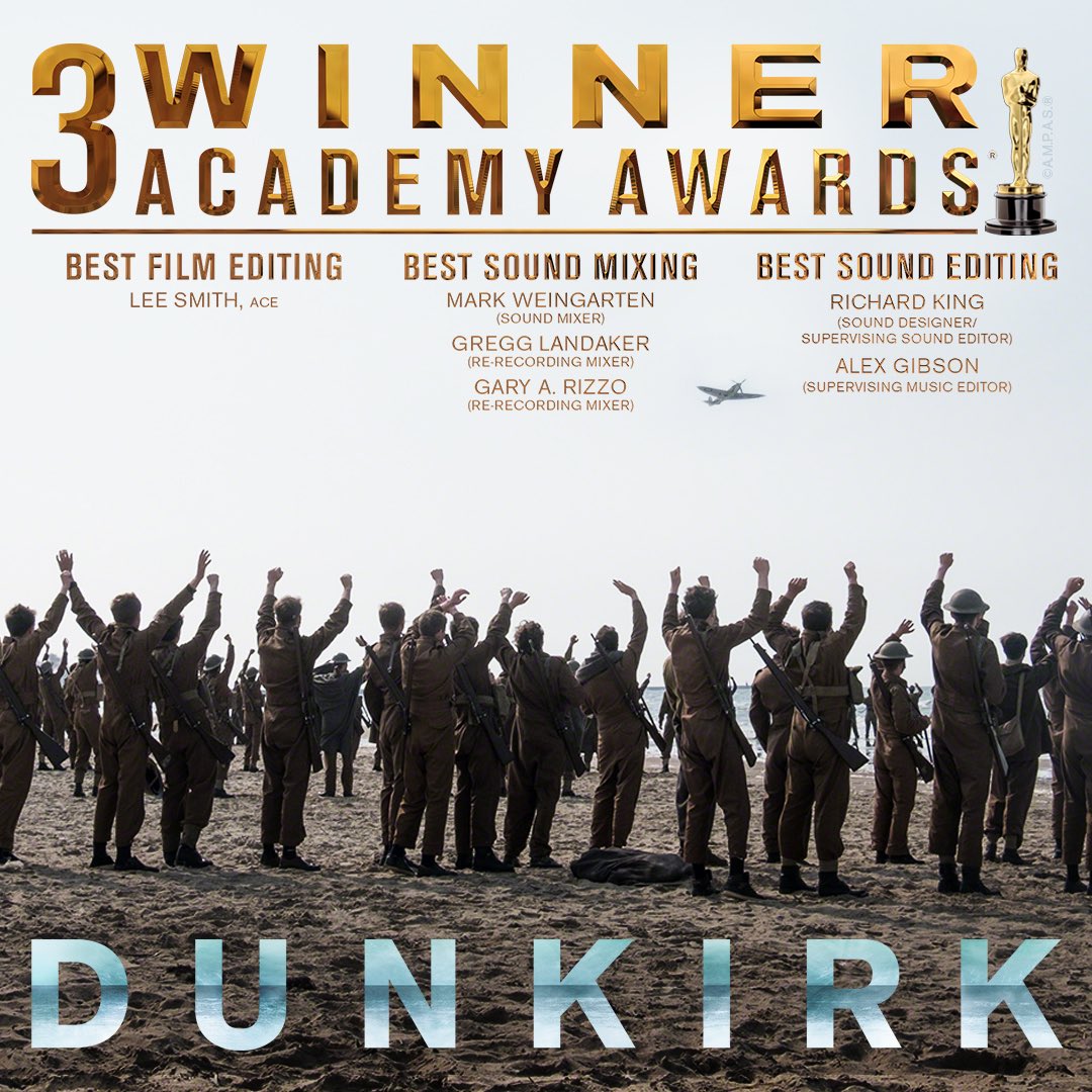 warnerbrospl's tweet photo. Gratulacje dla twórców Dunkierki, którzy zdobyli 3 Oscary na wczorajszej 90. ceremonii wręczenia Oscarów 👏👏👏 #oscary2018 #Dunkierka 🎬👌 #bestfilmediting #bestsoundmixing #bestsoundediting #christophernolan #soundedition #soundmixing #filmediting #oscars #oscary #oscars2018 https://t.co/N2HiwGiRyA