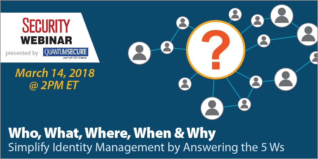 securitymag's tweet photo. Learn about the 5 Ws of identity management and how answering these questions will enable your organization to streamline and enhance your identity. Register now: #SecurityWebinars https://t.co/s90JN6LxDk