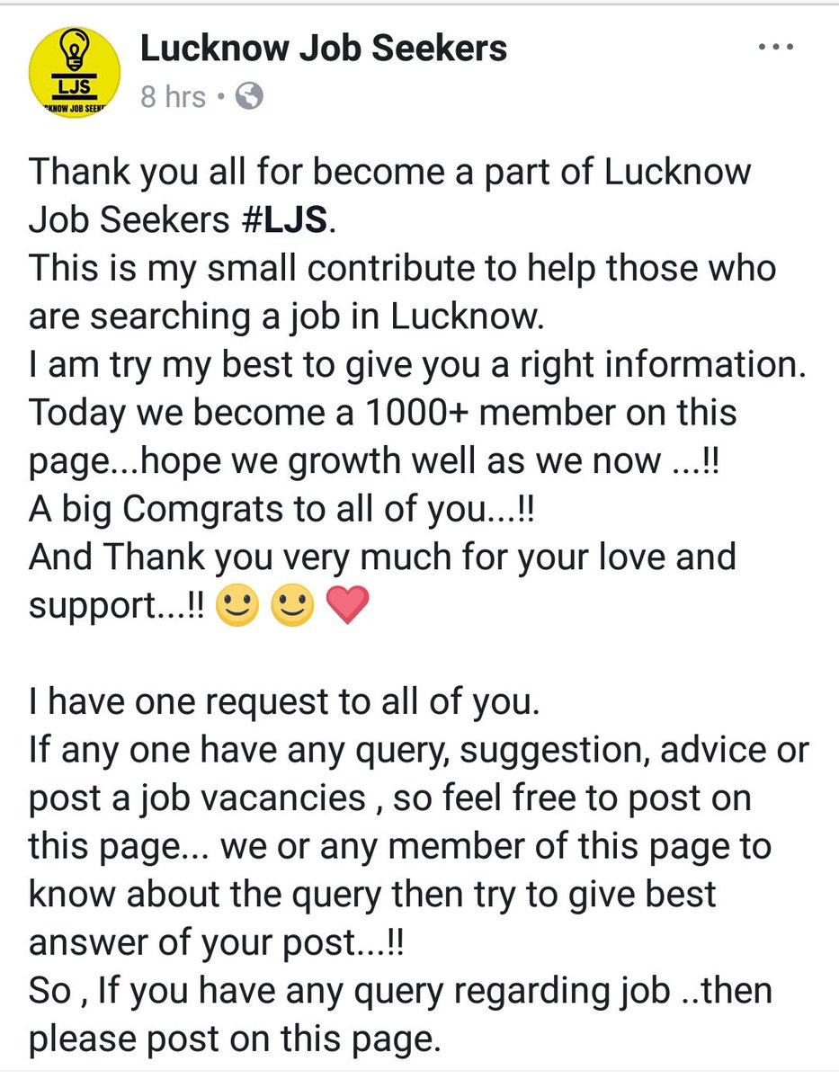 lucknowjob's tweet photo. Thank you very much all of you for your love and support ���🎉🎉🙏🙏 ... 1000 + likes
.
.
.
.
.
.
#lucknowjobseekers #ljs
#rupeshkumar #therupeshrkumar
#lucknow #lucknowjob #uttarpradesh
#job #jobsearch #jobs #jobshiring #employment
#jobseekers #seekers https://t.co/jLwPKky9Xp