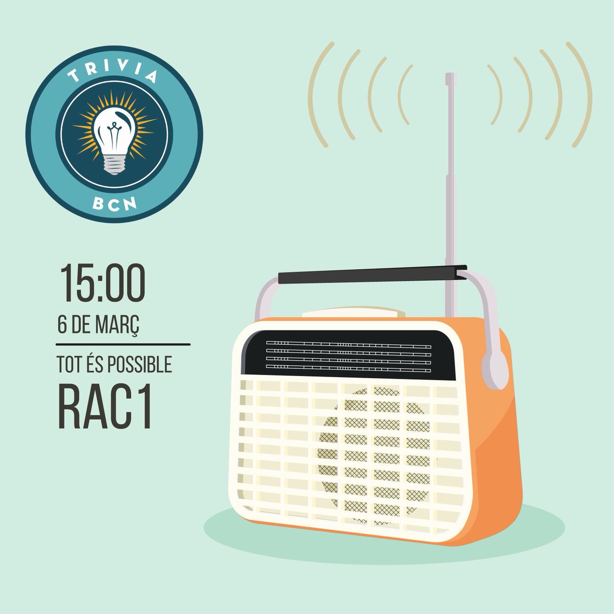 TriviaBcn's tweet photo. Demà ens entrevistaran a la ràdio! Sintonitzeu RAC1 a les 15:00 i estigueu molt atents perquè parlarem amb l’Elisenda Camps al “Tot és possible” i allà desvetllarem alguns dels projectes que més il.lusió ens fan!
#rac1 #totespossible #triviabcn https://t.co/mKU2j9kzmp