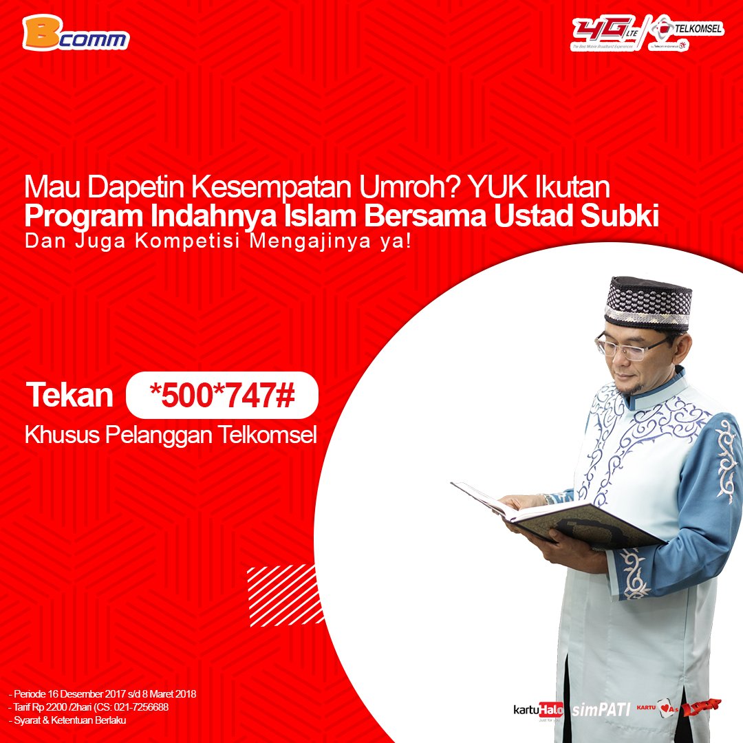 bcommofficial's tweet photo. Assalamualaikum pelanggan Telkomsel, buat kamu yang sudah berlangganan #INDAHNYAISLAMTSEL bersama Ustadz Subki tapi belum mengirimkan video mengaji, masih ada kesempatan loh sebentar lagi sampai tanggal 8 Maret 2018. Yuk buruan kirim videonya sebelum habis masa programnya. https://t.co/UNOVmrloPg