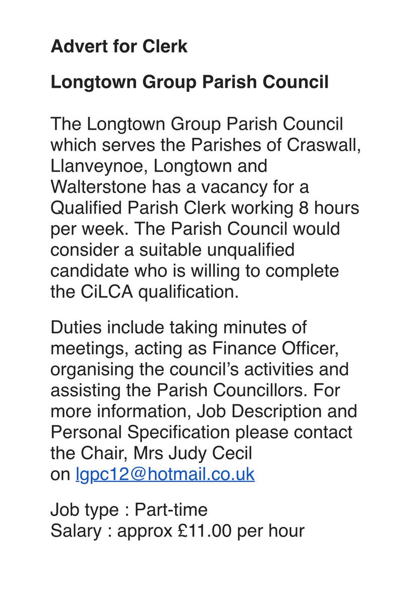 LongtownGroup's tweet photo. Are you interested in being a Parish Clerk https://t.co/zQsjgKjBdd