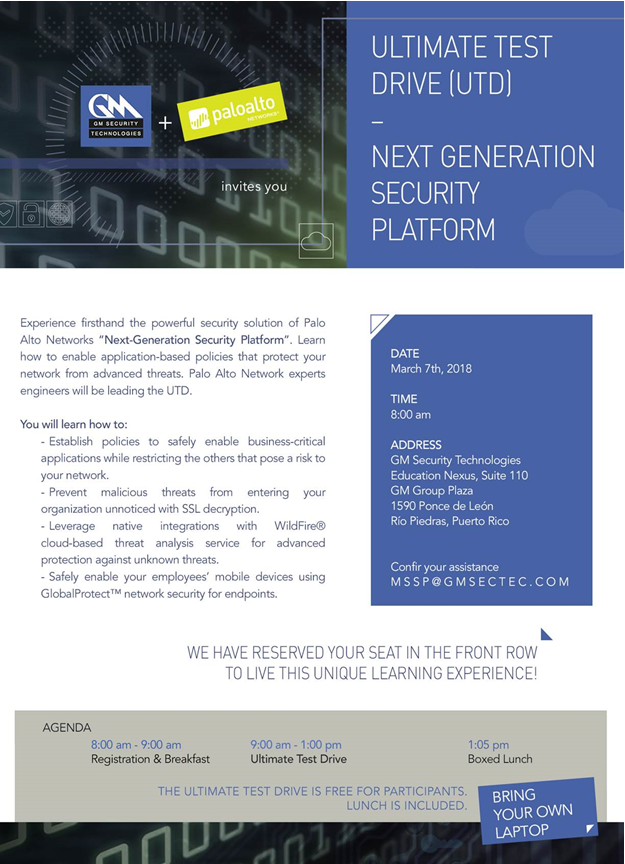 gmsectec's tweet image. The Ultimate Test Drive  with @PaloAltoNtwks and  @gmsectec  learn how to enable application-based policies that protect your network #NextGenerationSecurity #gmstinform2018 #CybersecurityManagement