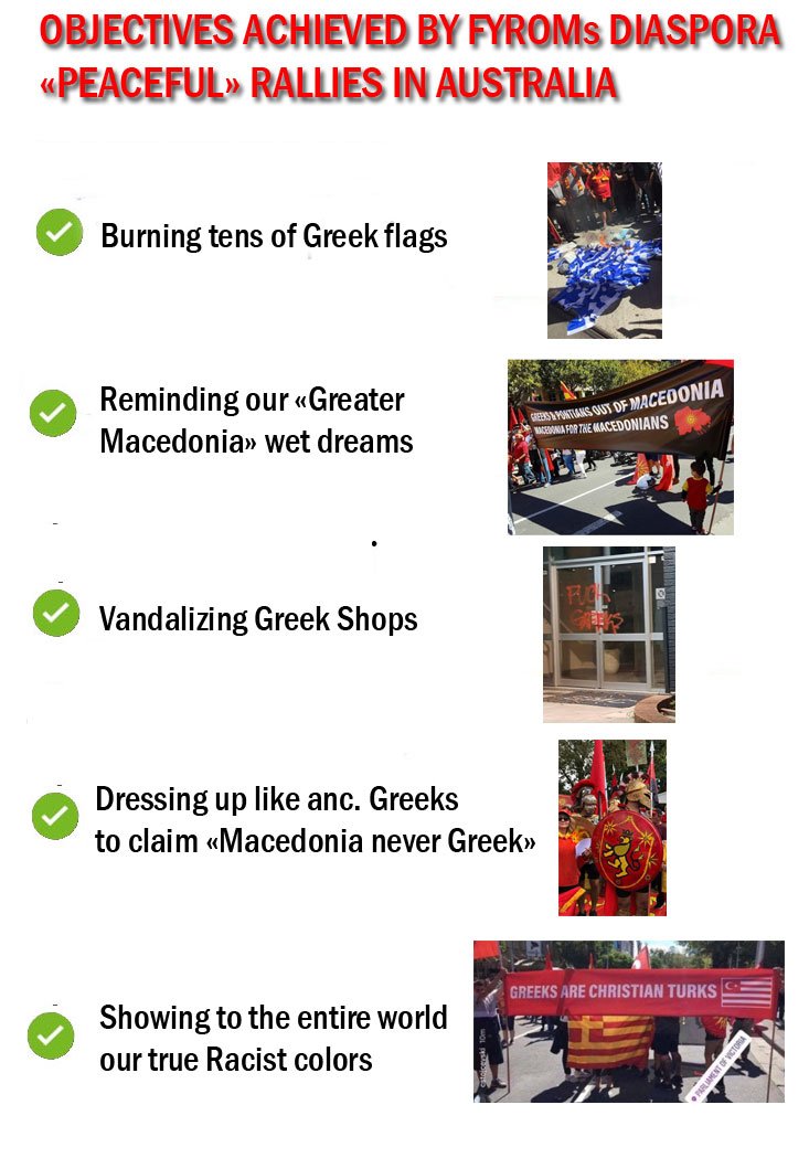 Mertz87's tweet photo. 👉Main Objectives Achieved by #FYROM's Diaspora "peaceful" rallies in #Australia‼️👈

✅Burning tens of #Greek flags
✅Reminding our "Greater #Macedonia" Wet Dreams
✅Vandalizing Greek Shops
✅Dressing up like anc. #Greeks
✅Showing to the World our true #Racist colors https://t.co/kmUhbHgAXo
