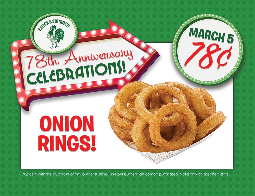 thechickburger's tweet photo. 🎉🎉 78¢ Onion rings with the purchase of a burger & drink! Today only! 🎉🎉 #chickenburger78 #ilovelocalhfx #eatlocalhfx #localhalifax https://t.co/AiAd491375