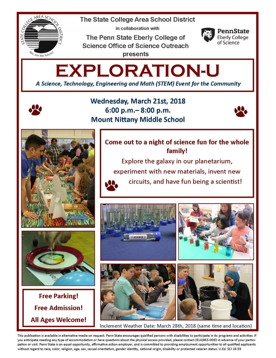 PSUScience's tweet photo. In the State College area? Love science? Come on out and bring the kiddos — March 21 at Mount Nittany Middle School! 🗓 @scienceupsu @penn_state @MNMSRoar https://t.co/YYNCRfKTZ8
