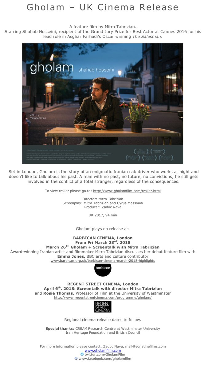 JanetRady's tweet photo. Gholam – UK #Cinema Release, from Fri 23 March 2018 at Barbican Cinema, @BarbicanCentre, #London. #Trailer: https://t.co/q9yXvYZluH #film #MitraTabrizian #ShahabHosseini https://t.co/WC5o9oHpkp