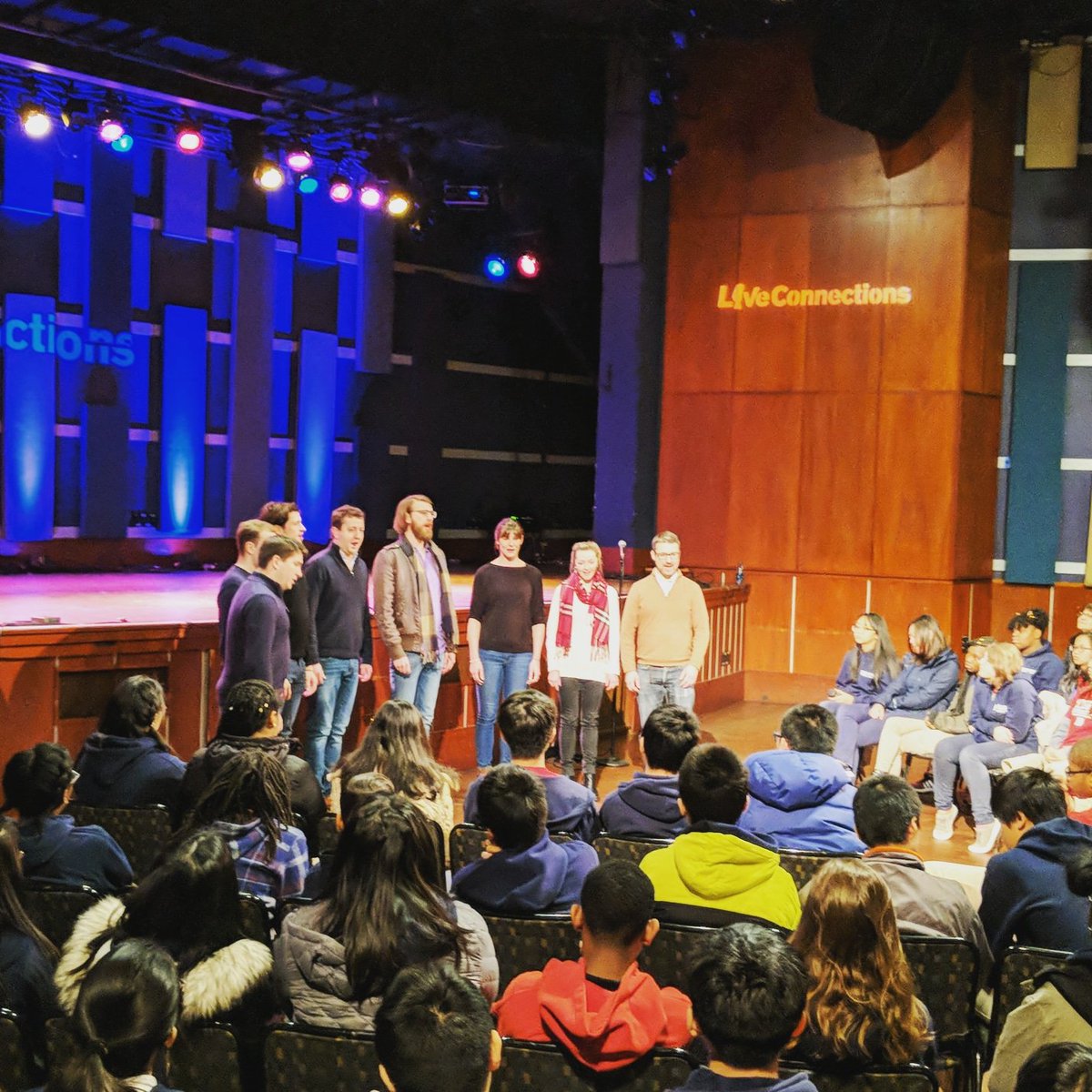 WCLeducation's tweet photo. .@voces8 unplugged this morning! 🚫🎙️ They're doing #BridgeSessions today with 200 middle and high school students. We love creating opportunities for Philly youth to engage with world-class talent!

#Philly #musiceducation #singing #acappella #ASongEveryoneCanSing https://t.co/dJTHzLjTU6