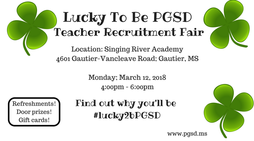GoulaGautierSD's tweet photo. PGSD is hosting a teacher recruitment fair March 12th from 4-6! Come to Singing River Academy to learn more about our district &amp; get a chance to talk with employees &amp; students For more info, contact danglin@PGSD.ms #lucky2bPGSD #DoTheImpossiblePGSD https://t.co/HuQDtotSHA