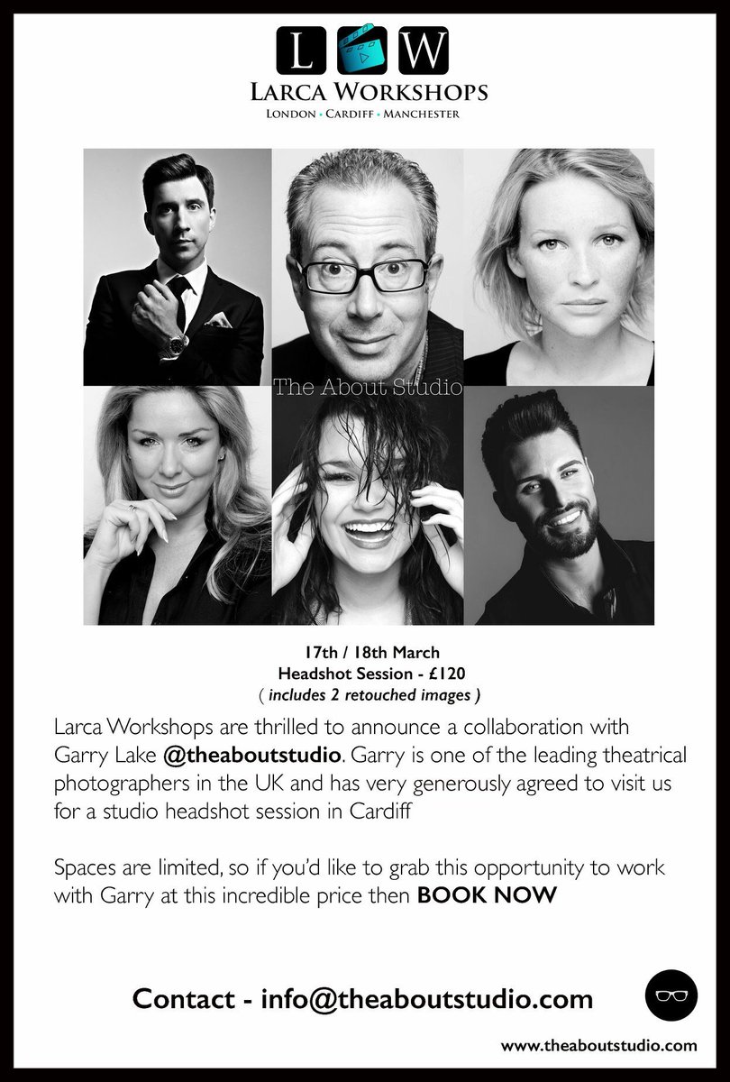 Get your headshot session booked in with <a href="/theaboutstudio/">@theaboutstudio</a> at an exellent price!
Garry Lake will be here @ LARCA, Cardiff for one weekend only! 17th &amp; 18th March.

Don't miss out! 📸📸📸
Contact : info@theaboutstudio.com

#headshots #actorslife #actors #photographers #portraits