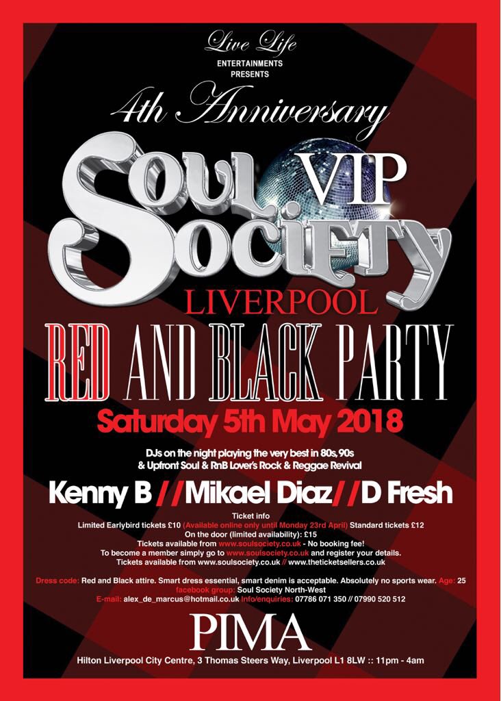 **Saturday 5th May** Soul Society VIP 4th Anniversary presents red &amp; black party  @pimabarliverpool A night not to be missed!! #soulsociety #soulsocietyvip #liverpool  #celebrate #4thanniversary
