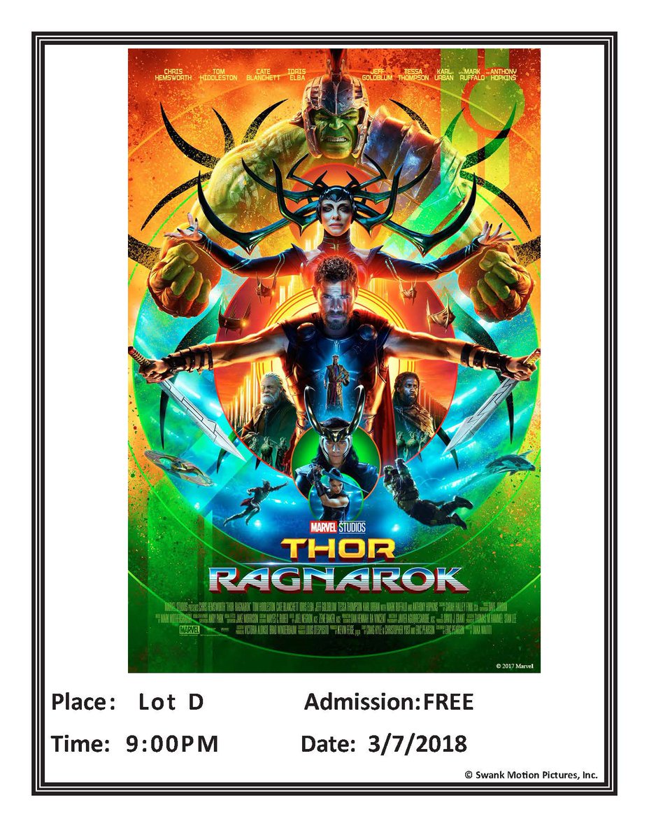 USCAPUB's tweet photo. Hello everyone! On Wednesday March 7th at 9 PM we will be showing Thor: Ragnorak in the D-Parking Lot. There will be pizza and drinks, so don't miss out! https://t.co/PFJNKLgRn0