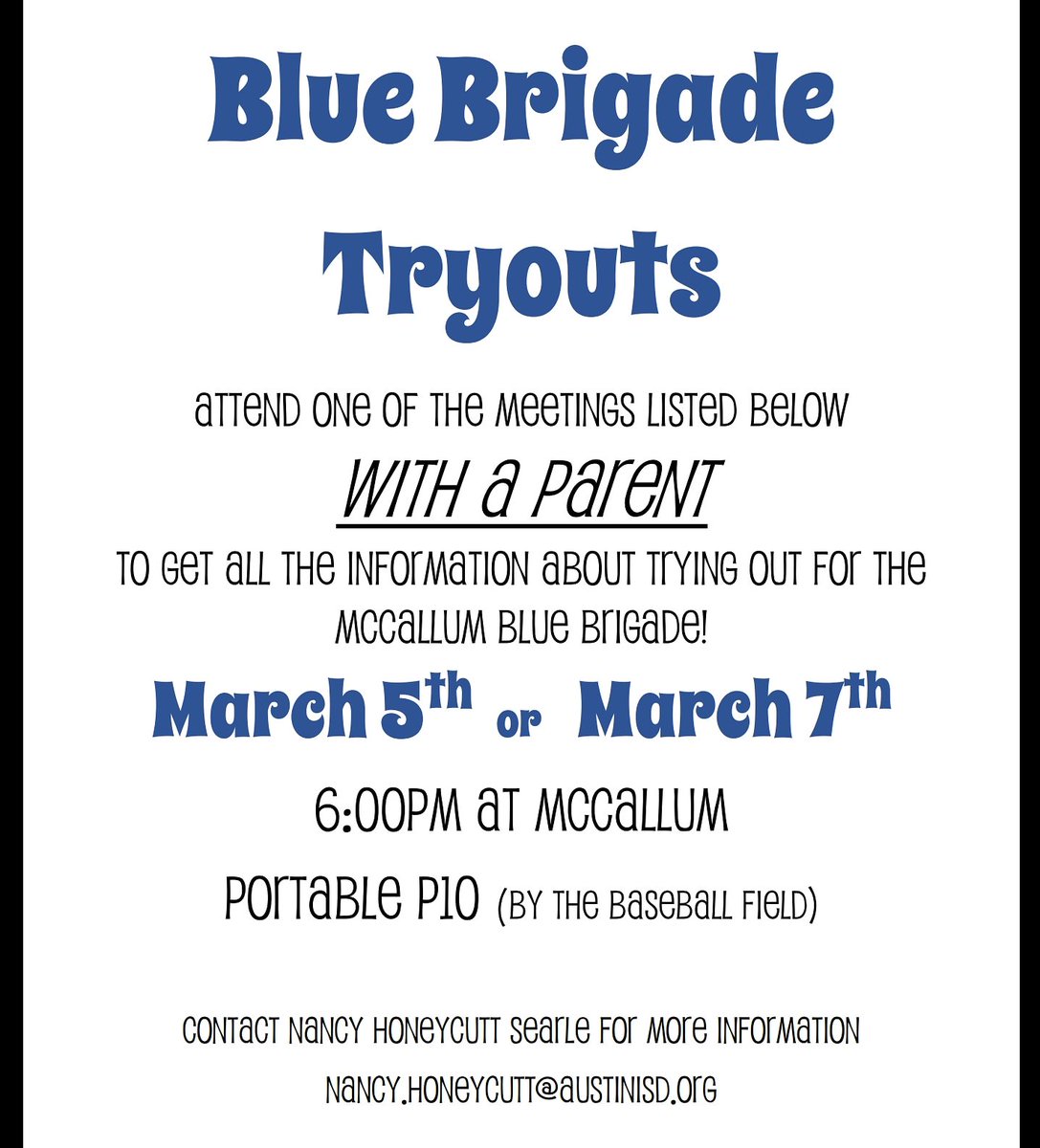 Reminder that tonight is the first of two parent info meetings for <a href="/MHS_BlueBrigade/">social media mom</a> tryouts happening this week!
