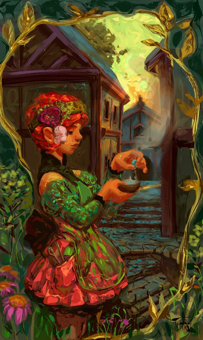 tuplabar's tweet photo. A herbalist? An excuse to paint some cute stuff and try a different workflow. Gosh Krita has one of the best brushes I've ever tried, feels almost like cheating! https://t.co/15tJO8Li6f