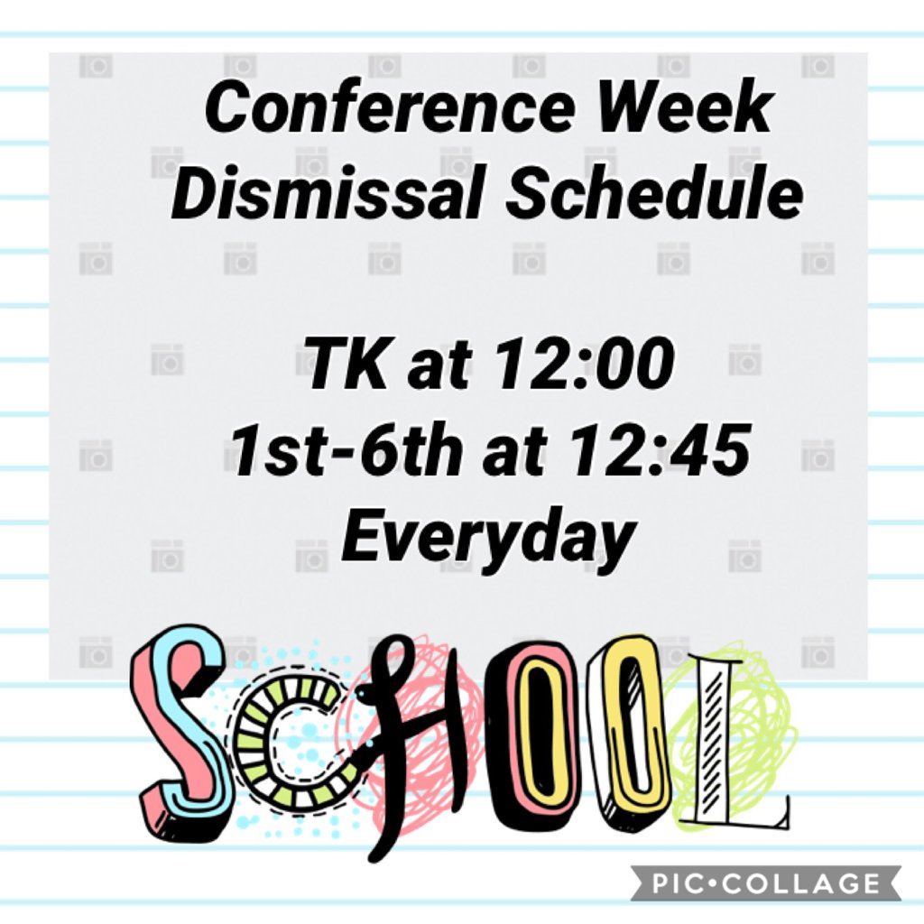 Sultana_OMSD's tweet photo. Conference Week Dismissal Schedule
TK at 12:00
1st-6th at 12:45
Everyday #piccoll https://t.co/P35VtR70md https://t.co/A80jzKtqca
