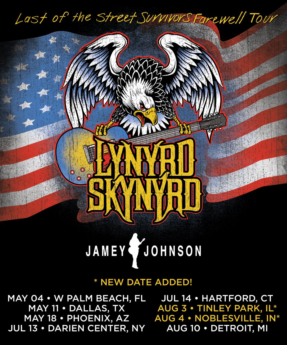 Skynyrd's tweet photo. Announcing some more friends joining The Last of the Street Survivors Tour! Check out the dates and welcome @HankJr, @ZZTop, @cheaptrick and @jamey_johnson. Tickets available at https://t.co/aA2zPy9OV6. https://t.co/XSPlQqLtZQ