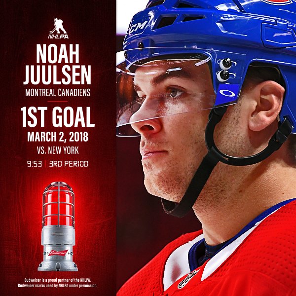 Young Habs d-man and 2017 #NHLPARookieShowcase attendee <a href="/noahjuulsen/">Noah Juulsen</a> buried his first career NHL goal on Friday night in New York. Congrats on this milestone, Noah! #FirstGoal #ad