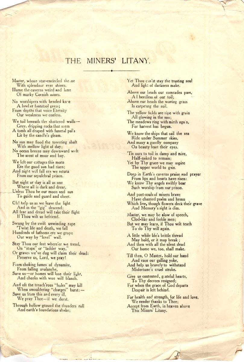 HayleHeritage's tweet photo. "Master, whose star-encircled throne
With spendour ever shines,
Illume the caverns weird and lone
Of murky Cornish mines"

One from our collection: The Miners' Litany by Herbert Thomas. 
Gool Peran Lowen! #StPiransDay @CornishMining https://t.co/WJt6F1iGTy