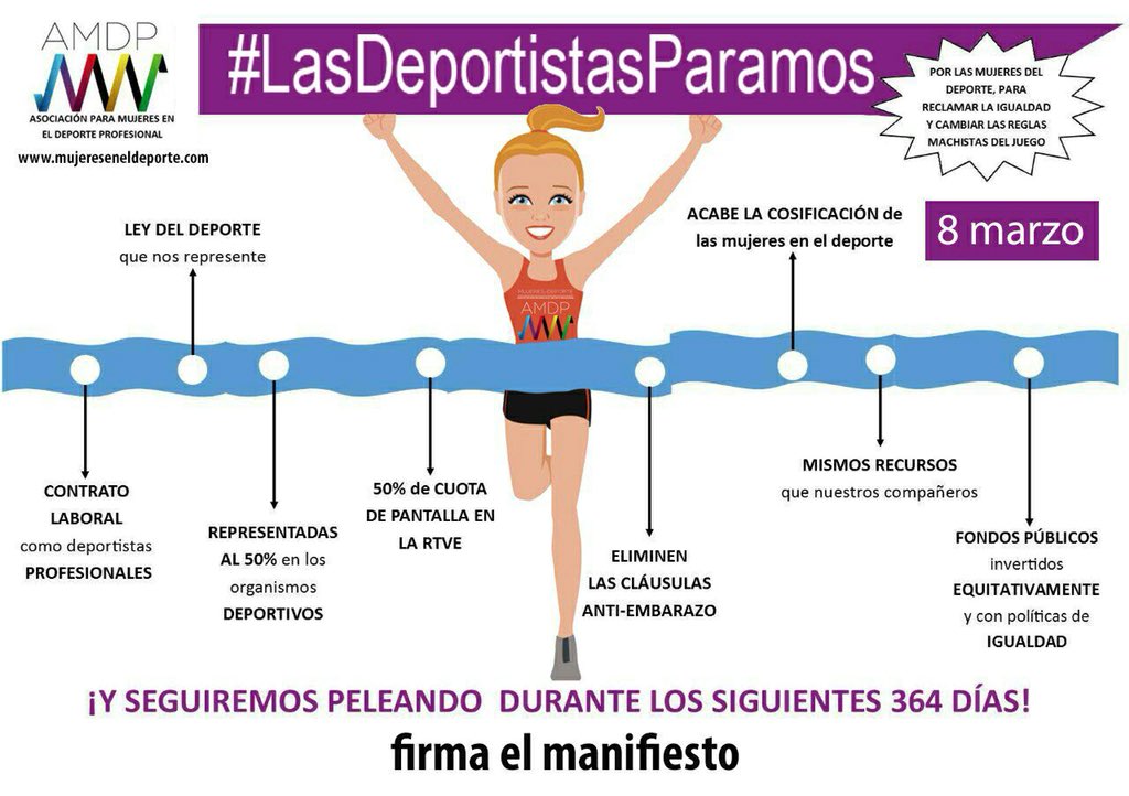 MujeryDeporte_'s tweet photo. EL 8 DE MARZO #LasDeportistasParamos EL RESTO DEL AÑO #NoPararemos FIRMA EL MANIFIESTO   #suma #firma #cambia #dona #asociate #NoTeCalles #NosotrasParamos https://t.co/Er8INV17wB… https://t.co/RdEXRU3Q2o