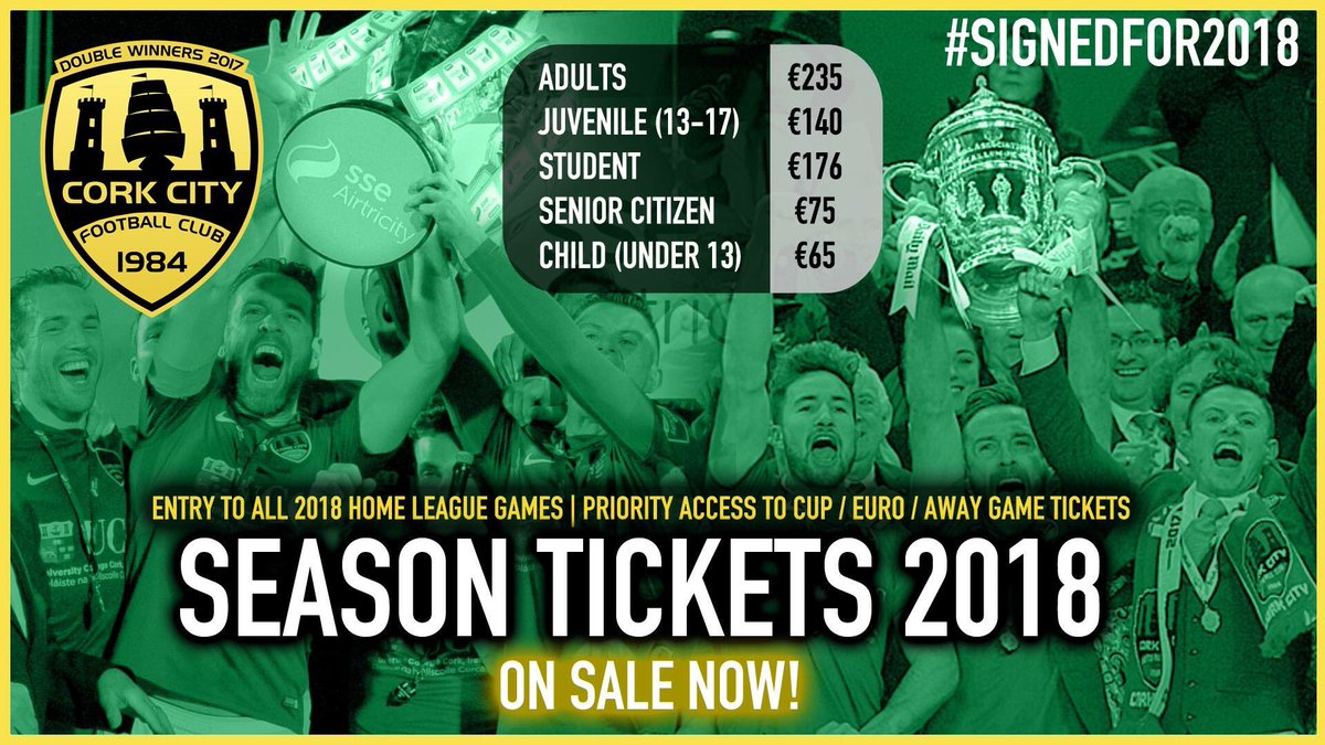 CorkCityFC's tweet photo. This Friday, March 9th, is the last day for you to get your season ticket and be #SignedFor2018. 17 Home games remaining and priority access to European and Away tickets throughout the season. Signed up now from our Club Shop or online at https://t.co/VUmLxOGTVX #CCFC84 https://t.co/sH6yqyyiMF