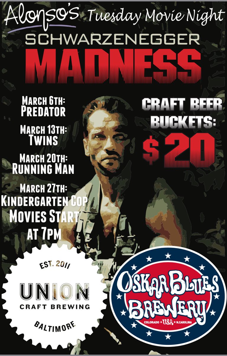 This Tuesday is the start of @AlonsosRstrnt #MovieNight #SchwarzeneggerMadness 
The Predator can detect heat, so buckets of <a href="/UnionBrewing/">UNION Craft Brewing</a> and <a href="/OskarBlues/">Oskar Blues Brewery</a> will be served #IceCold