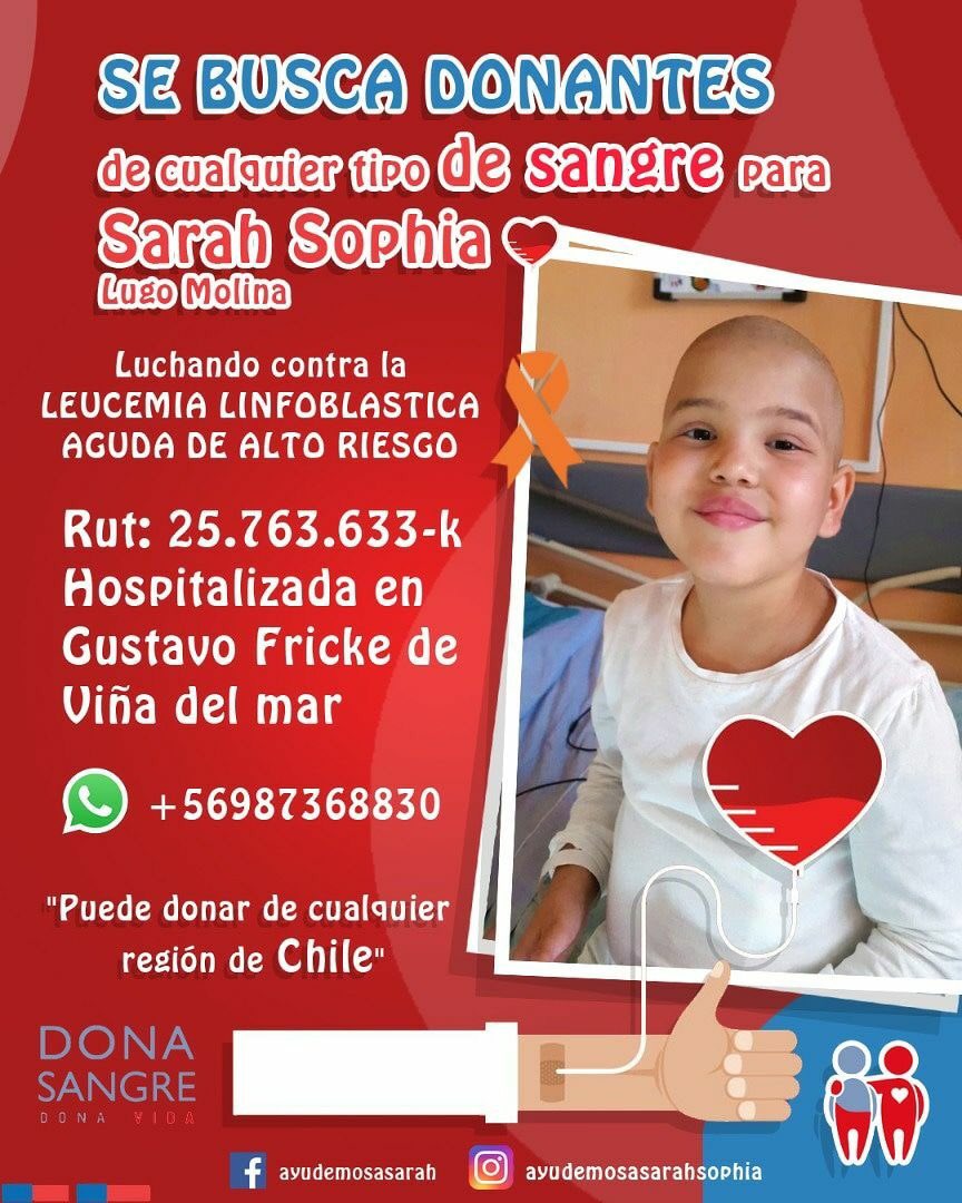 osmarycnn's tweet photo. Sarah Sophia es venezolana y vive actualmente en chile donde lucha contra una leucemia linfoblástica aguda de Alto riesgo. En este momento requiere donantes de sangre. Por favor etiqueten a venezolanos en Chile que puedan ayudar https://t.co/PZQ1fAOb7K